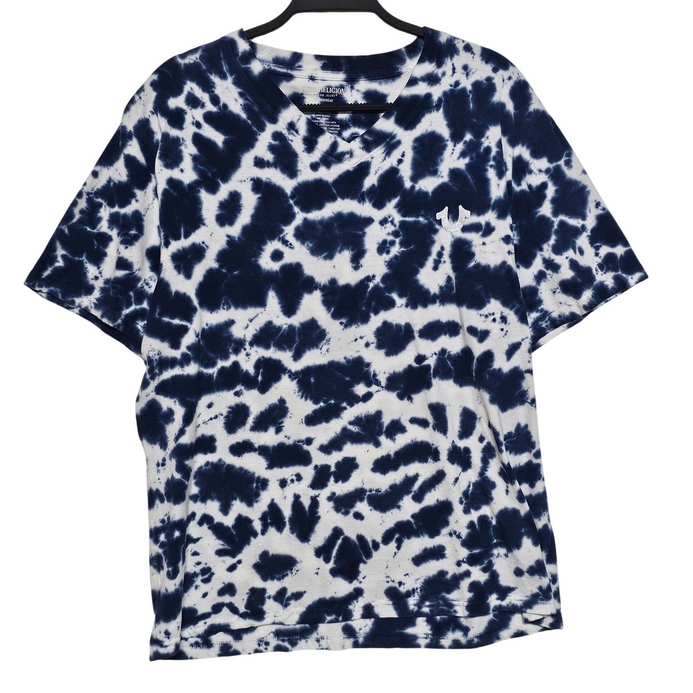 True Religion Mens Blue White Tie Dye V-Neck T-Shirt Horseshoe Logo Large 1515